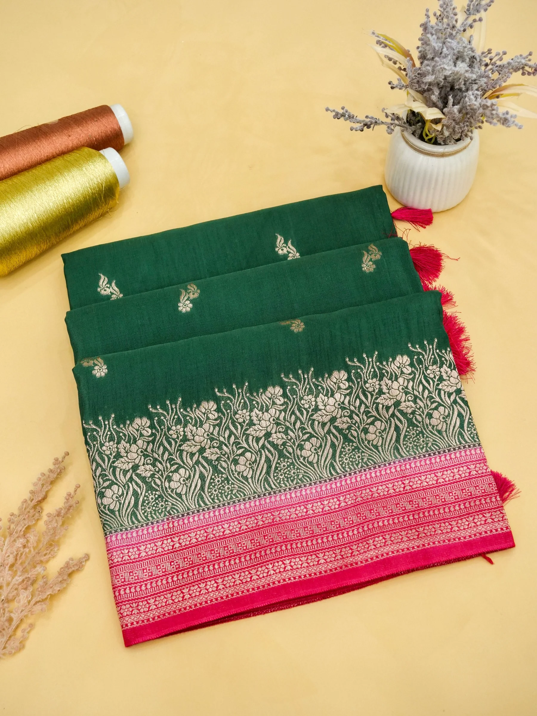 Bottle Green Banarasi Linen Saree