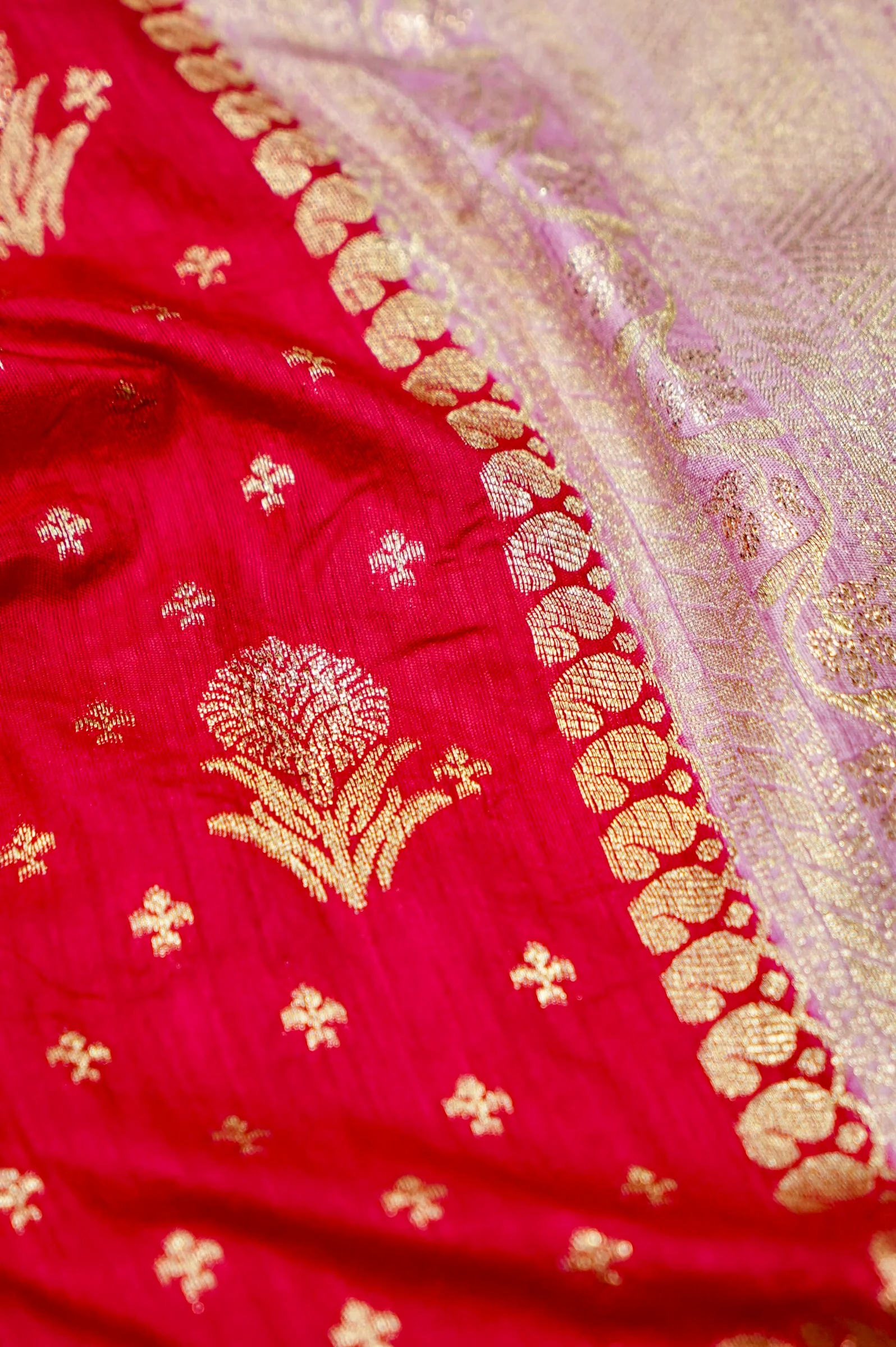 Deep Red Banarasi Dola Silk Saree with Lavender Border and Palu - Image 5