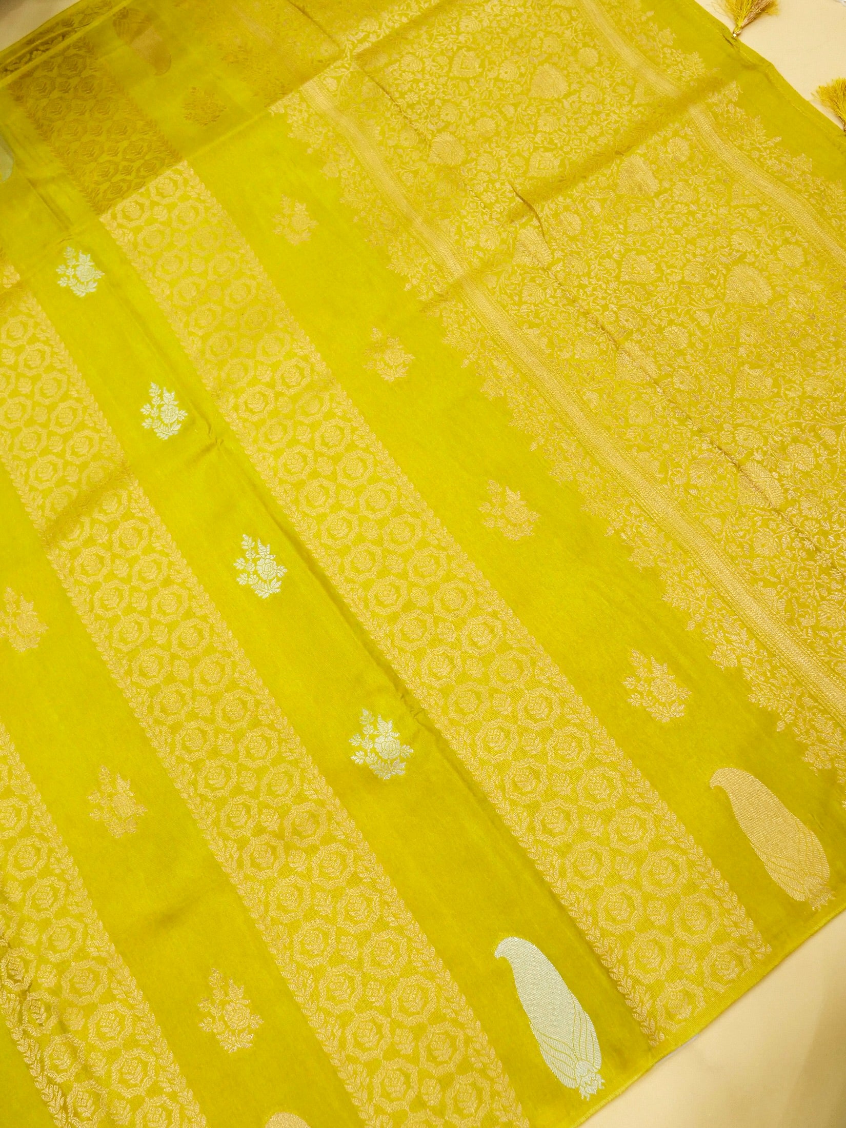 Lime Yellow Banarasi Dola Silk Saree - Image 2