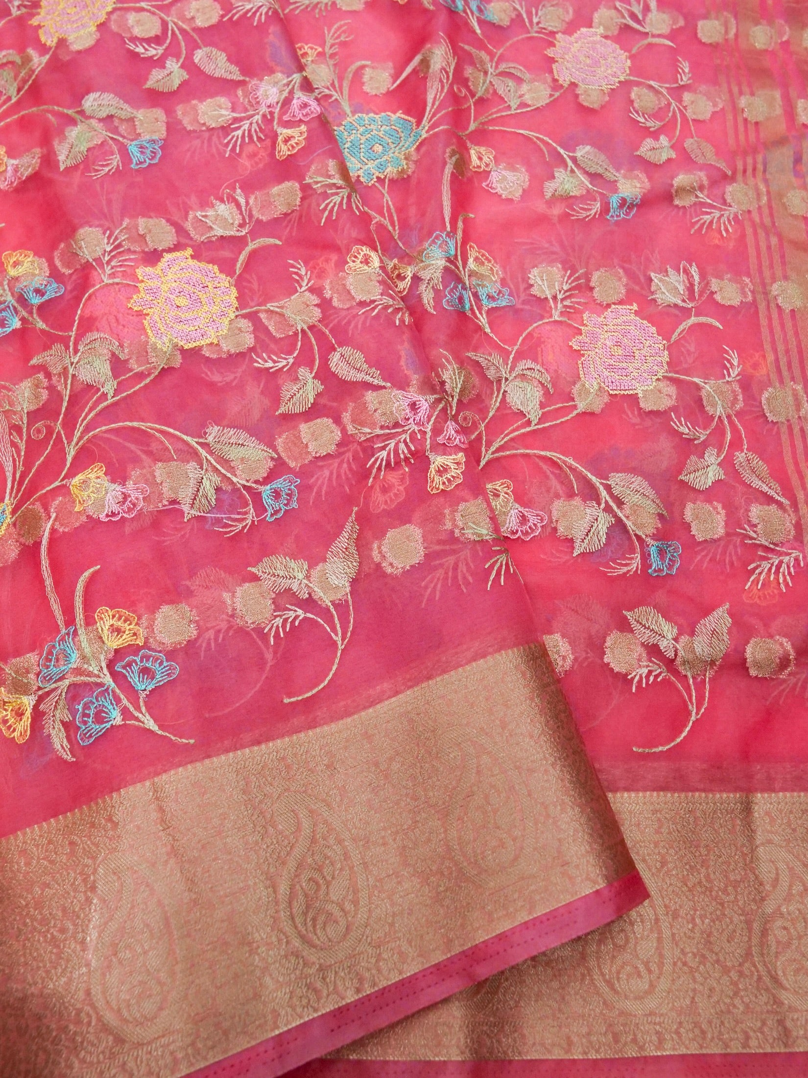 Rose Pink Banarasi Organza Embroidered Saree - Image 3