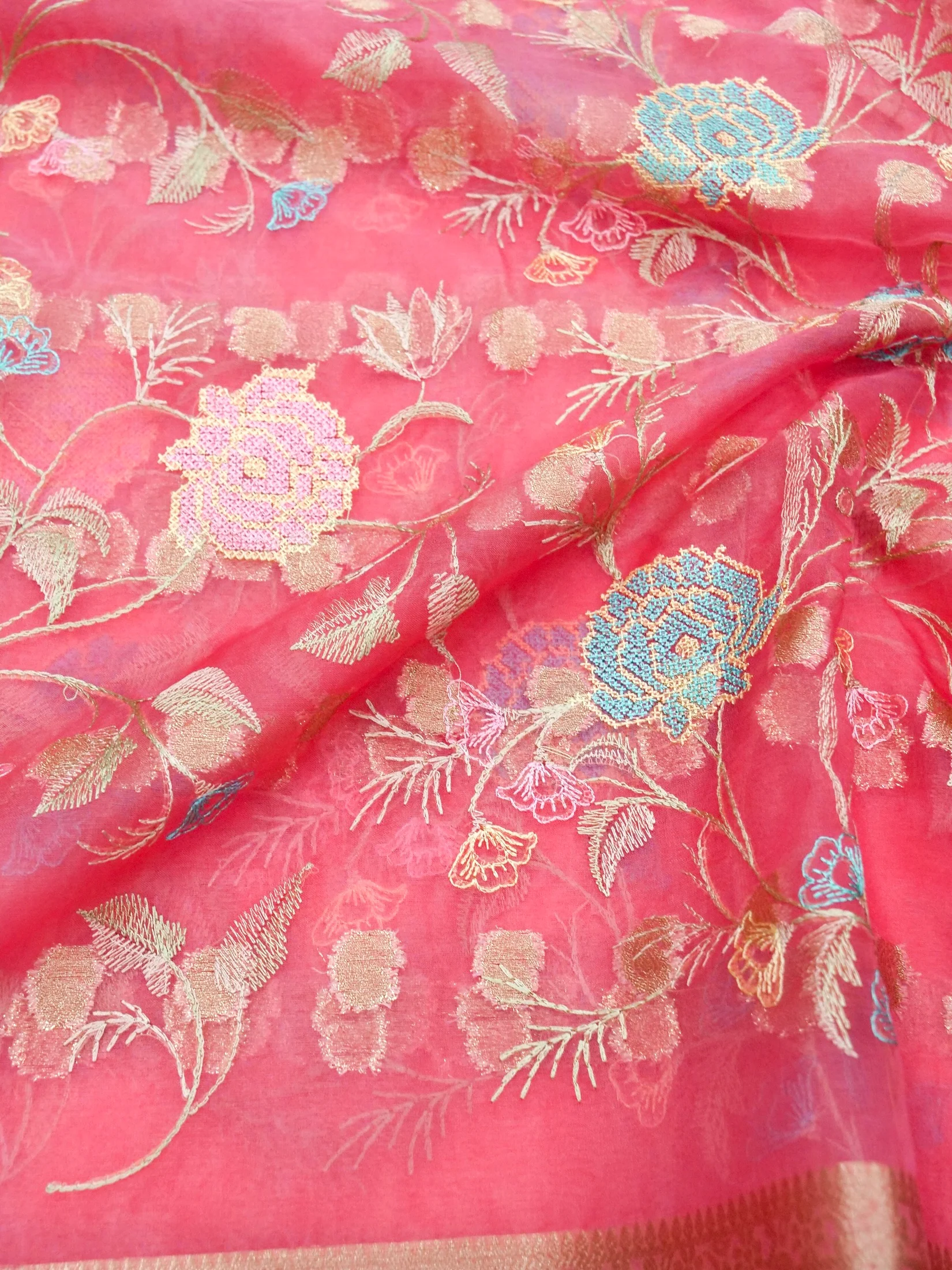 Rose Pink Banarasi Organza Embroidered Saree - Image 5