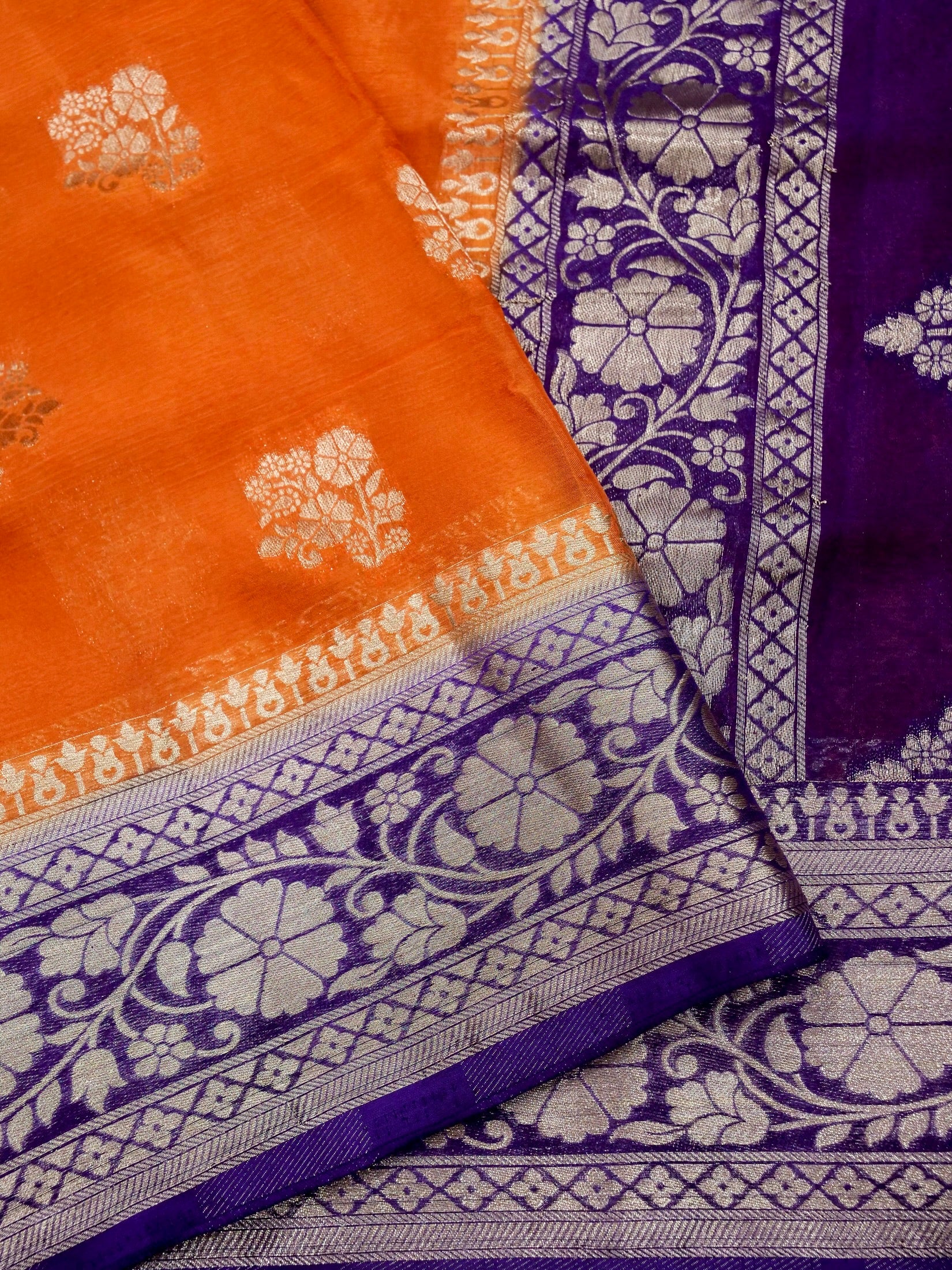Sunset Orange Banarasi Chinon Silk Saree - Image 3