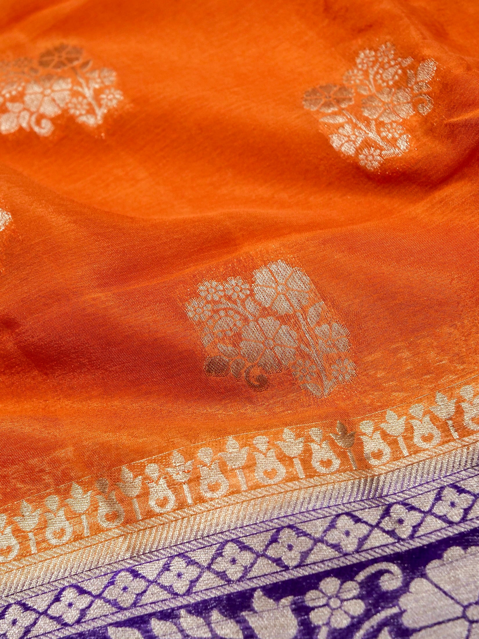 Sunset Orange Banarasi Chinon Silk Saree - Image 4