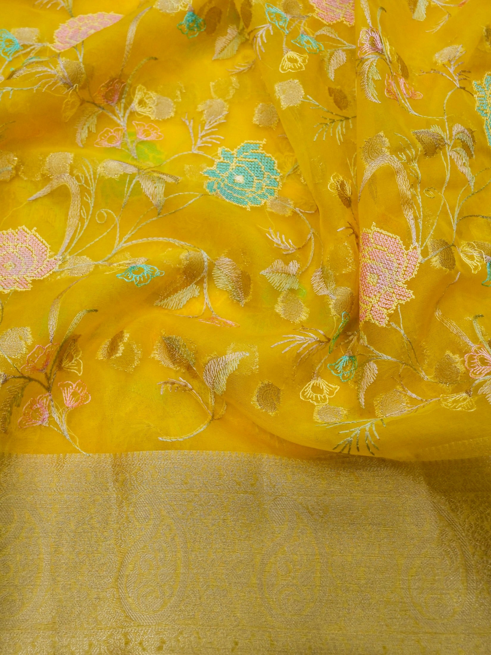 Sunshine Yellow Banarasi Organza Embroidered Saree - Image 4