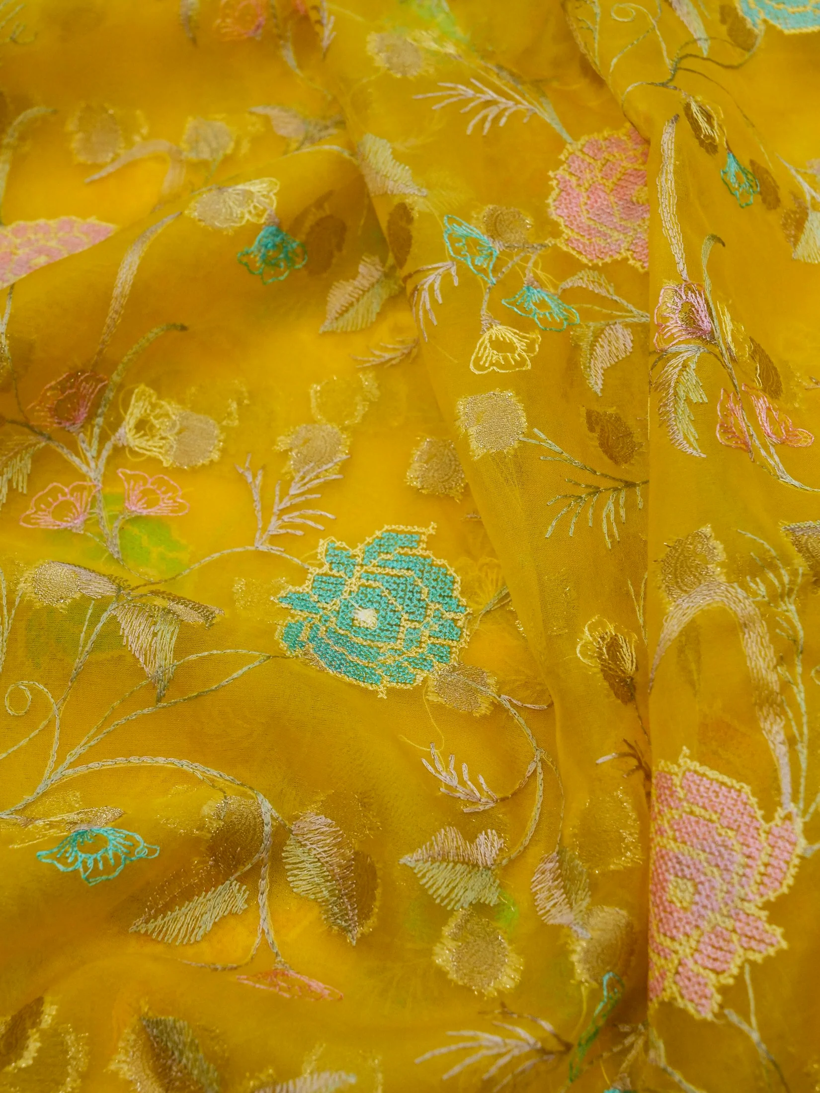 Sunshine Yellow Banarasi Organza Embroidered Saree - Image 5