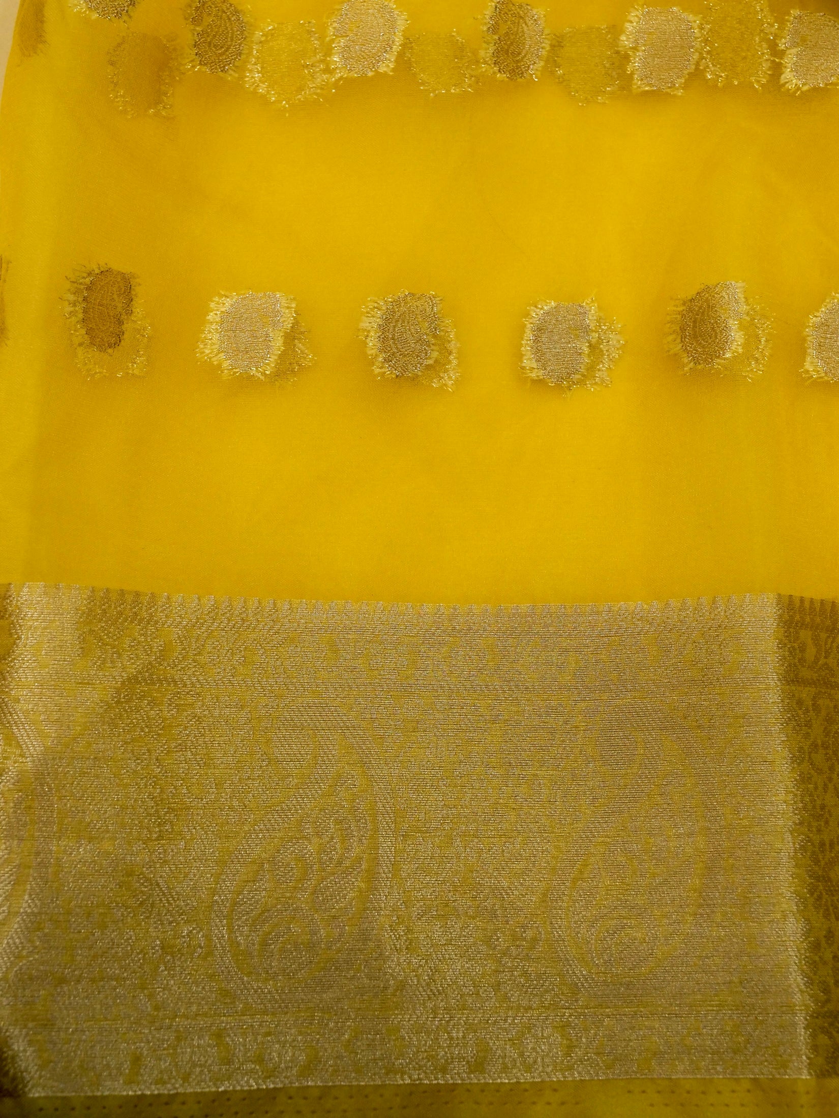 Sunshine Yellow Banarasi Organza Embroidered Saree - Image 6